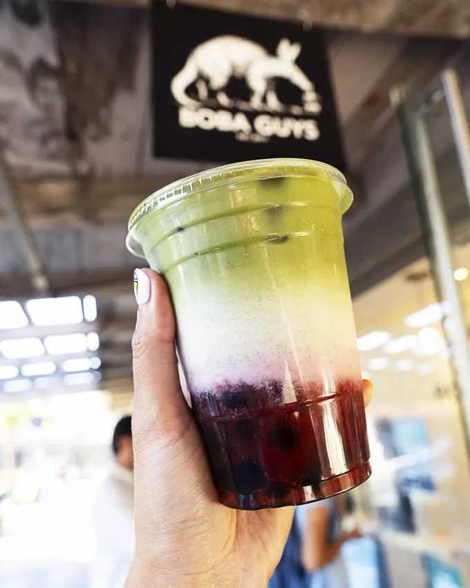 Boba Guys is a popular Bay area brand of boba drinks and we visited their Palo Alto CA location for a Classic Black and Strawberry Matcha Latte with housemade strawberry puree.  We orderd from the kiosk and our drinks were made in a timely manner.